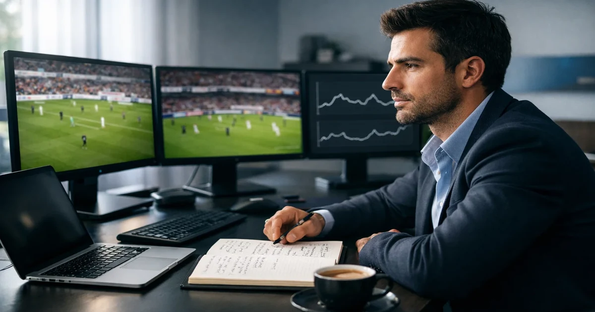 Analista profissional de apostas desportivas a trabalhar com estatísticas e análise de jogos num ambiente moderno