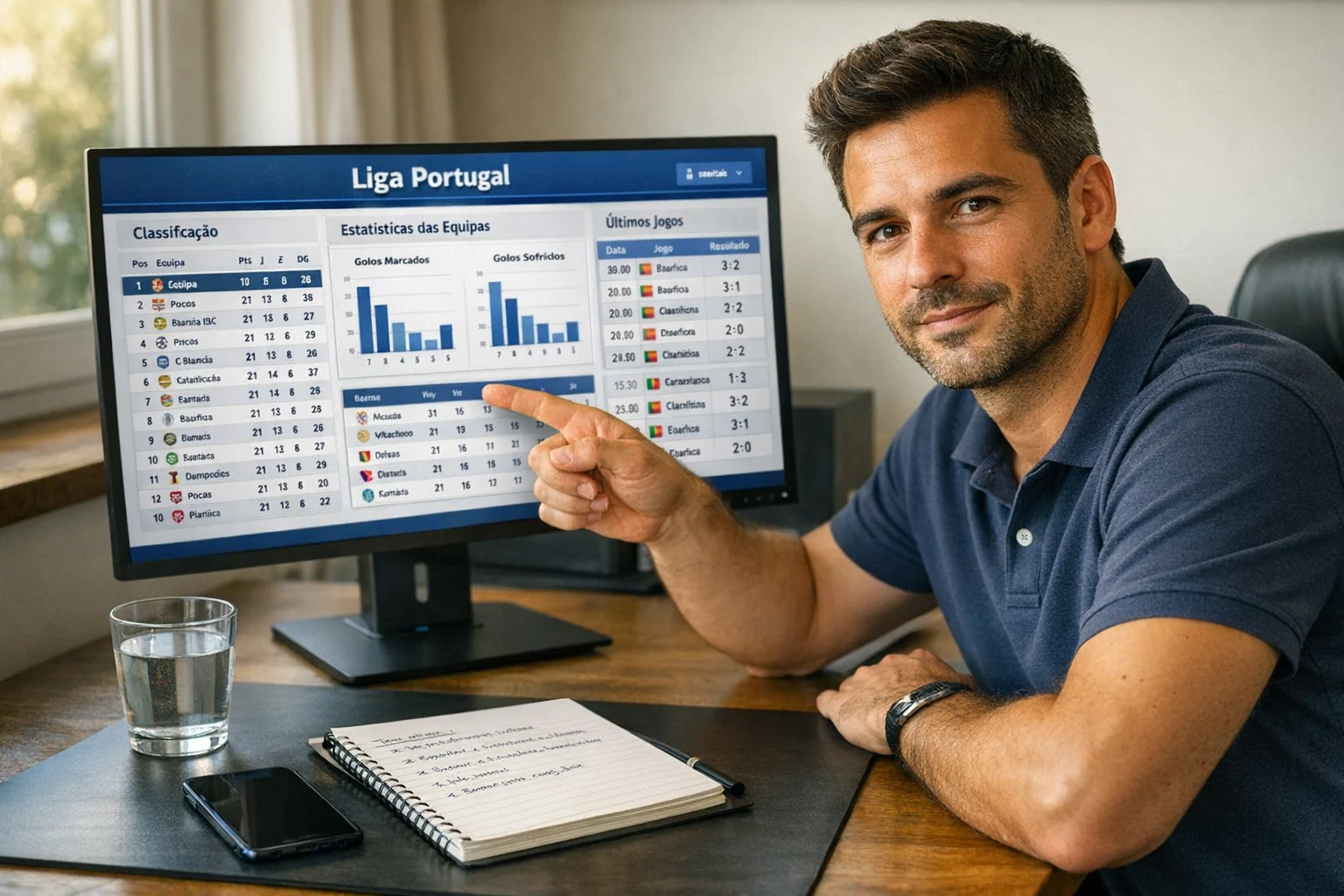 Profissional português a analisar estatísticas de futebol da Liga Portugal no computador