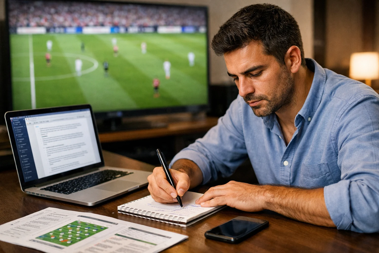 Analista desportivo profissional a escrever notas com jogo de futebol em segundo plano