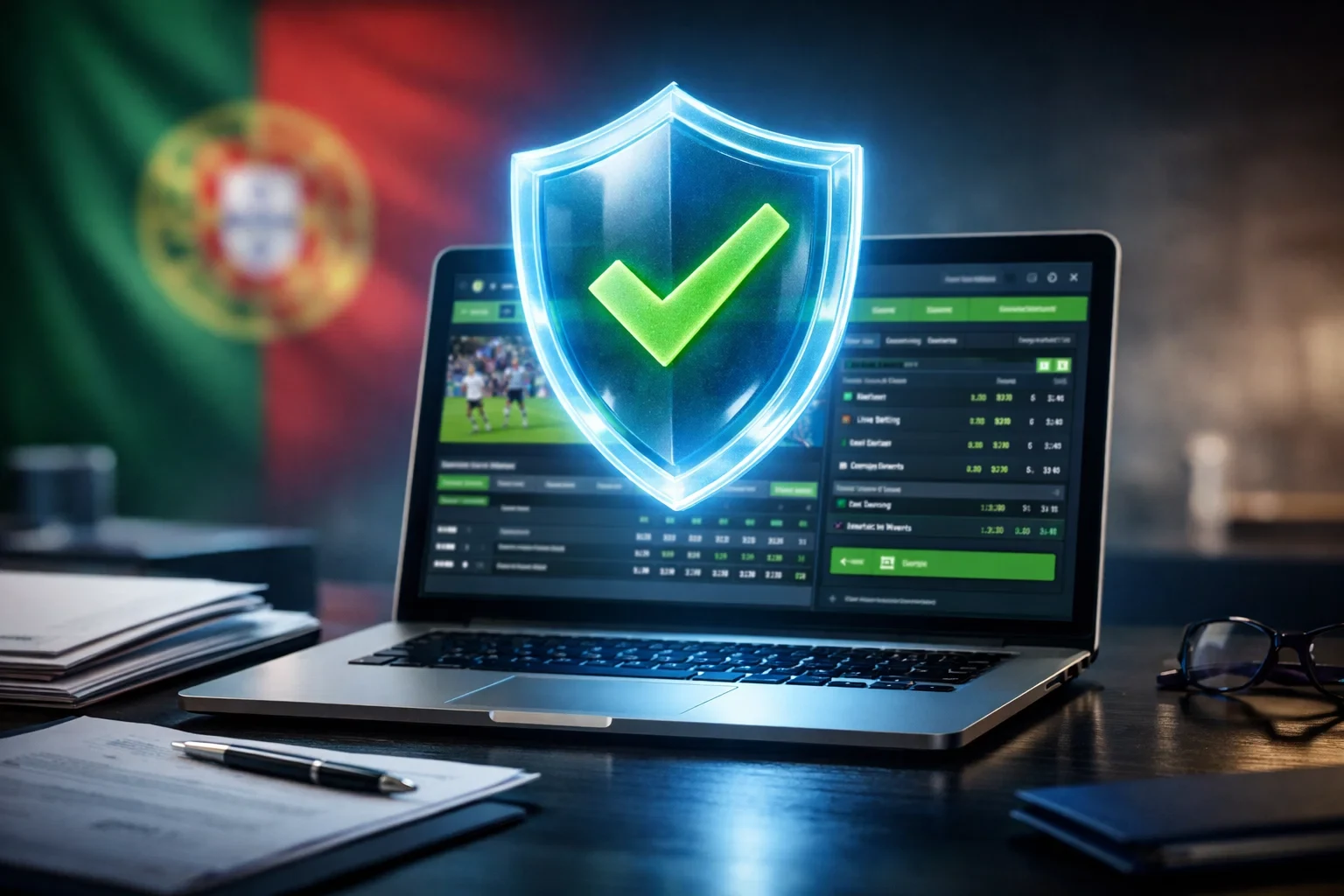 Conceito de apostas legais e seguras em Portugal com escudo de proteção