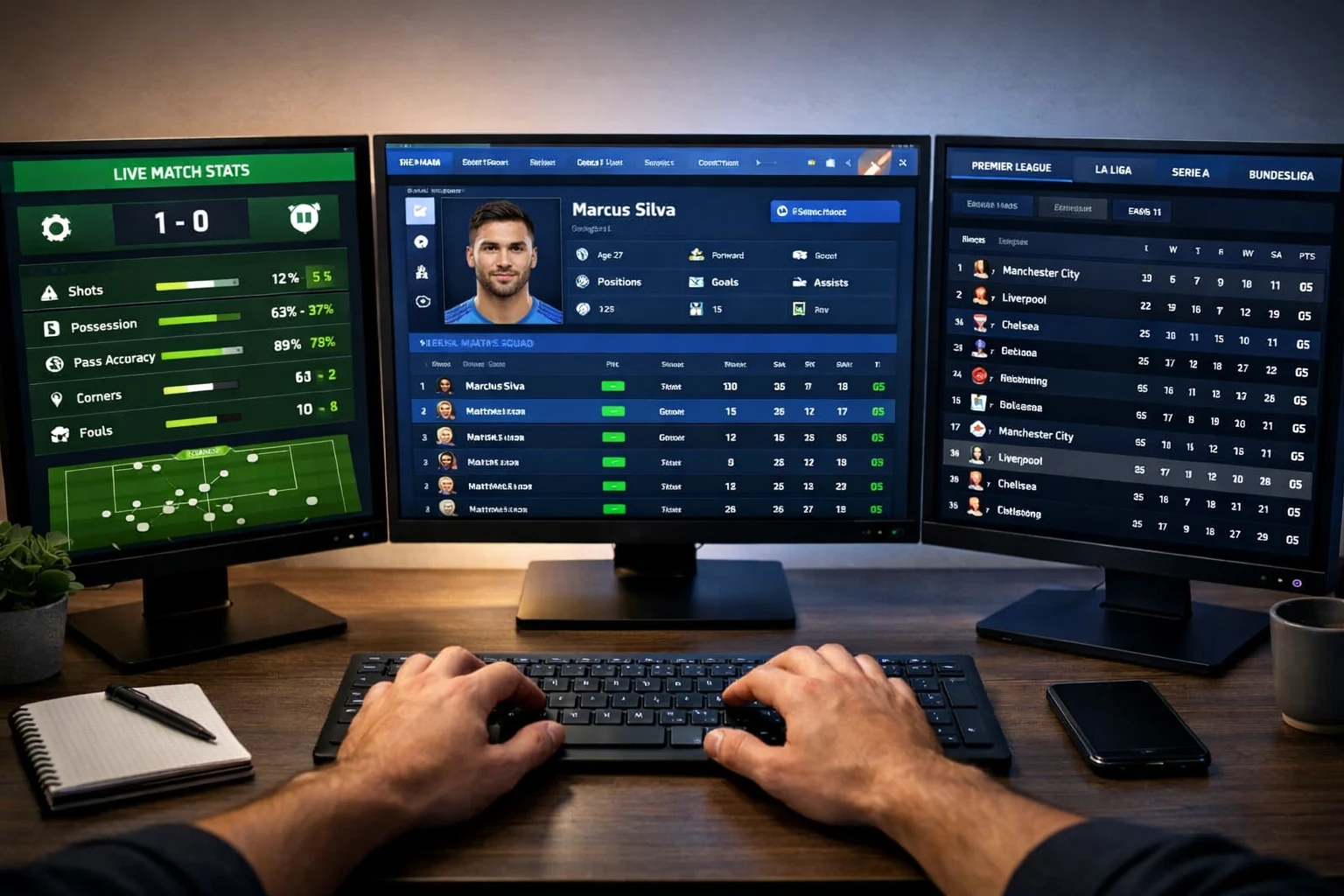Configuração com múltiplos monitores a mostrar diferentes plataformas de dados de futebol