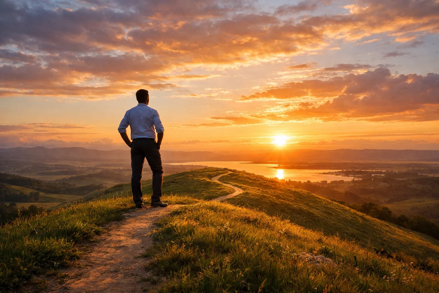 Pessoa contemplando o horizonte após percorrer um caminho, simbolizando o sucesso através da consistência e dedicação