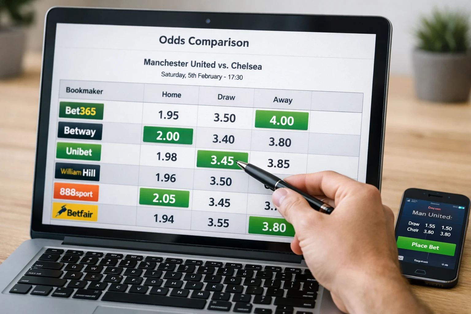 Ecrã de computador portátil a mostrar interface de comparação de odds com melhores preços destacados