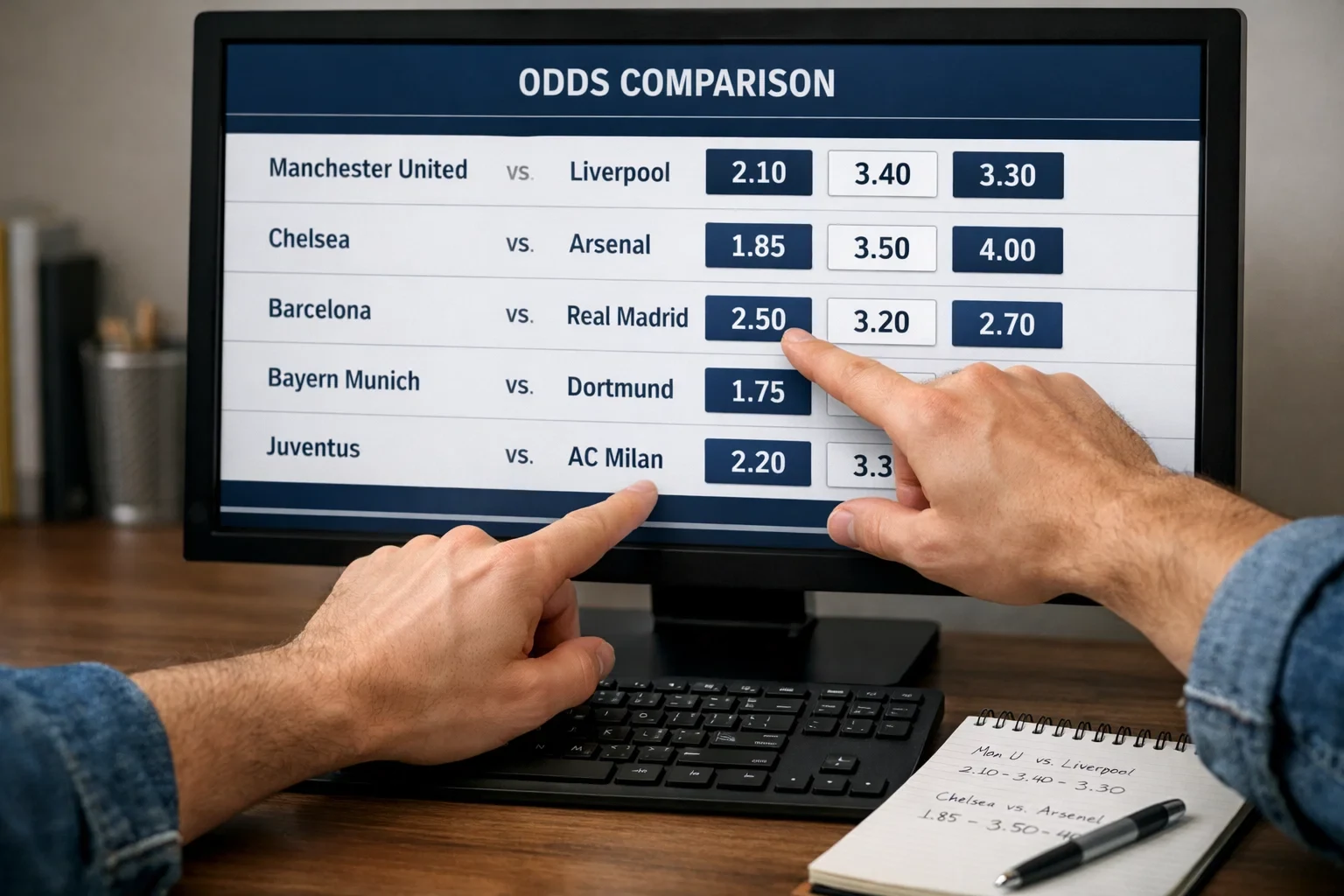 Pessoa a analisar odds decimais num ecrã de computador para apostas desportivas