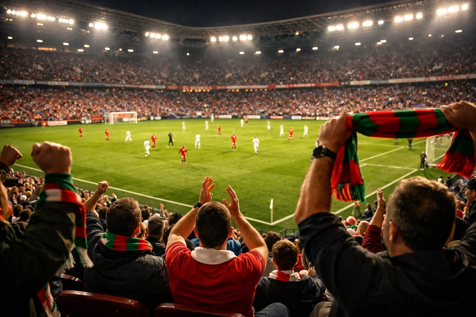 Atmosfera vibrante de um estádio de futebol português durante um jogo