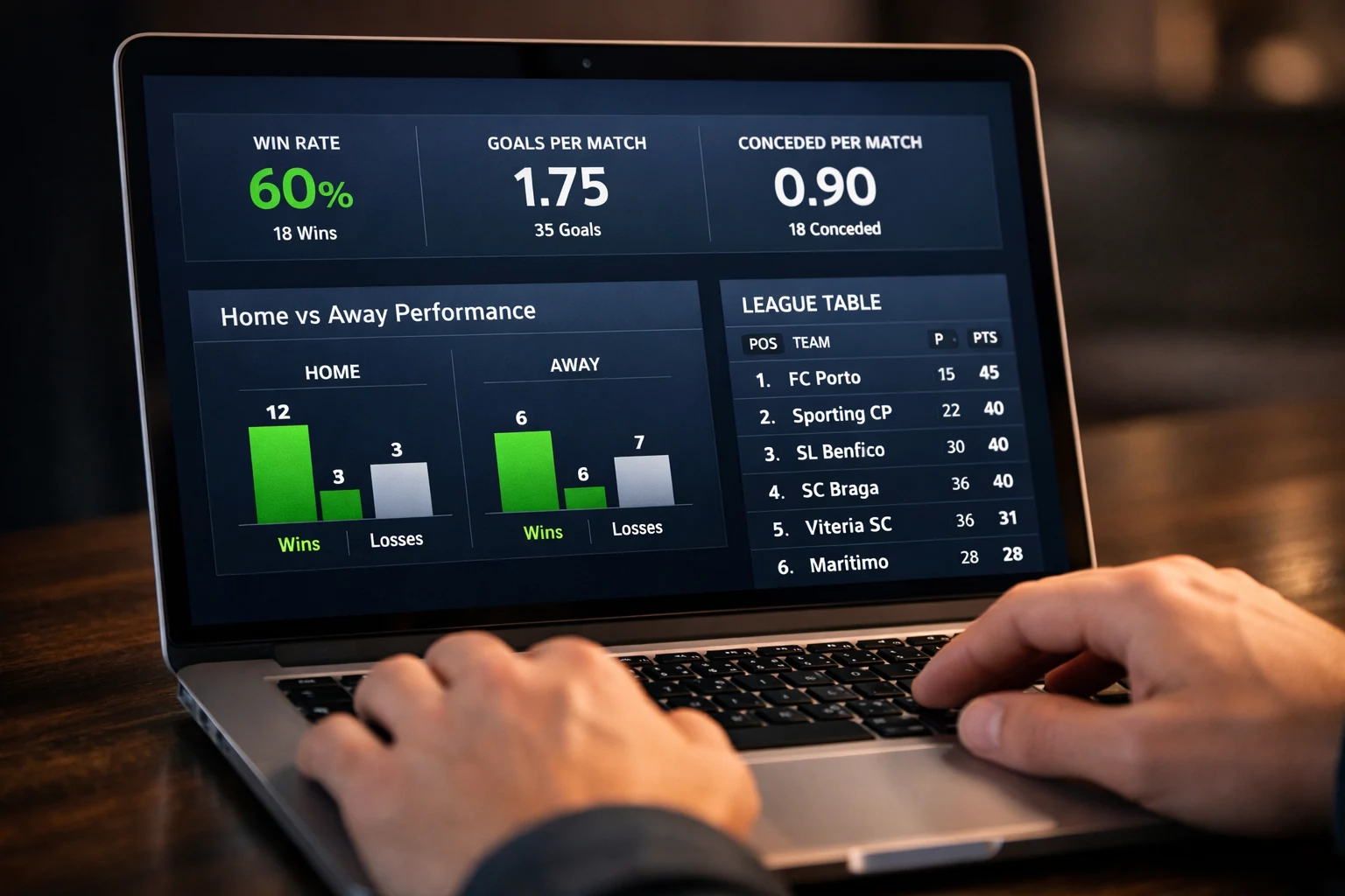Ecrã de computador portátil a mostrar dashboard de estatísticas de futebol