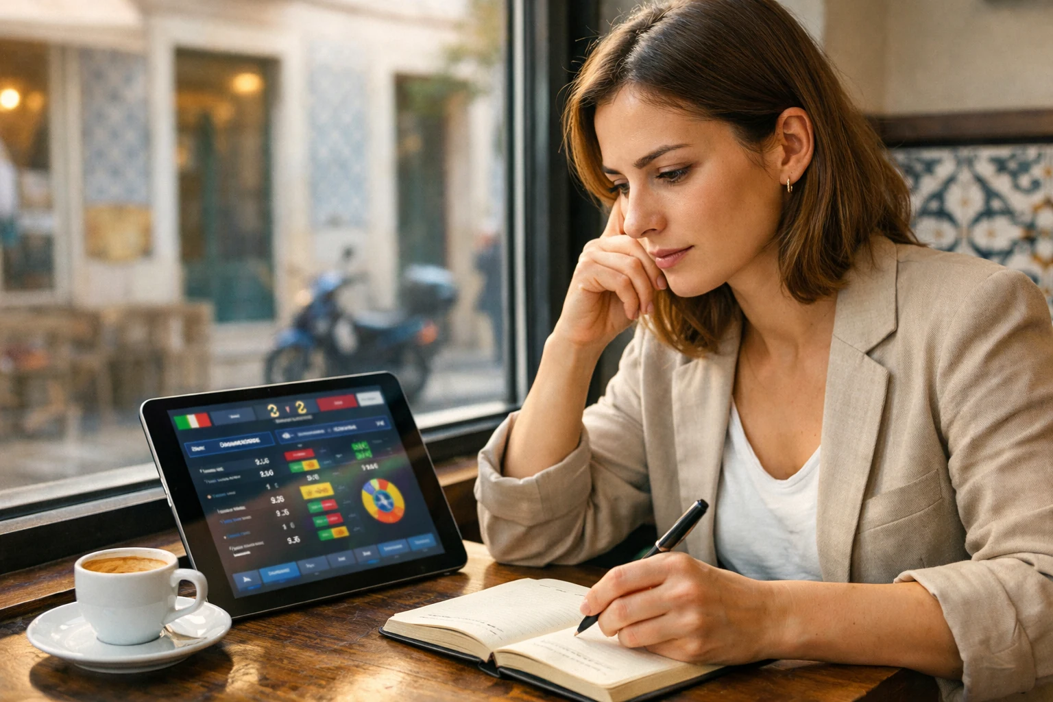 Profissional a analisar estatisticas de futebol num tablet para estimar probabilidades