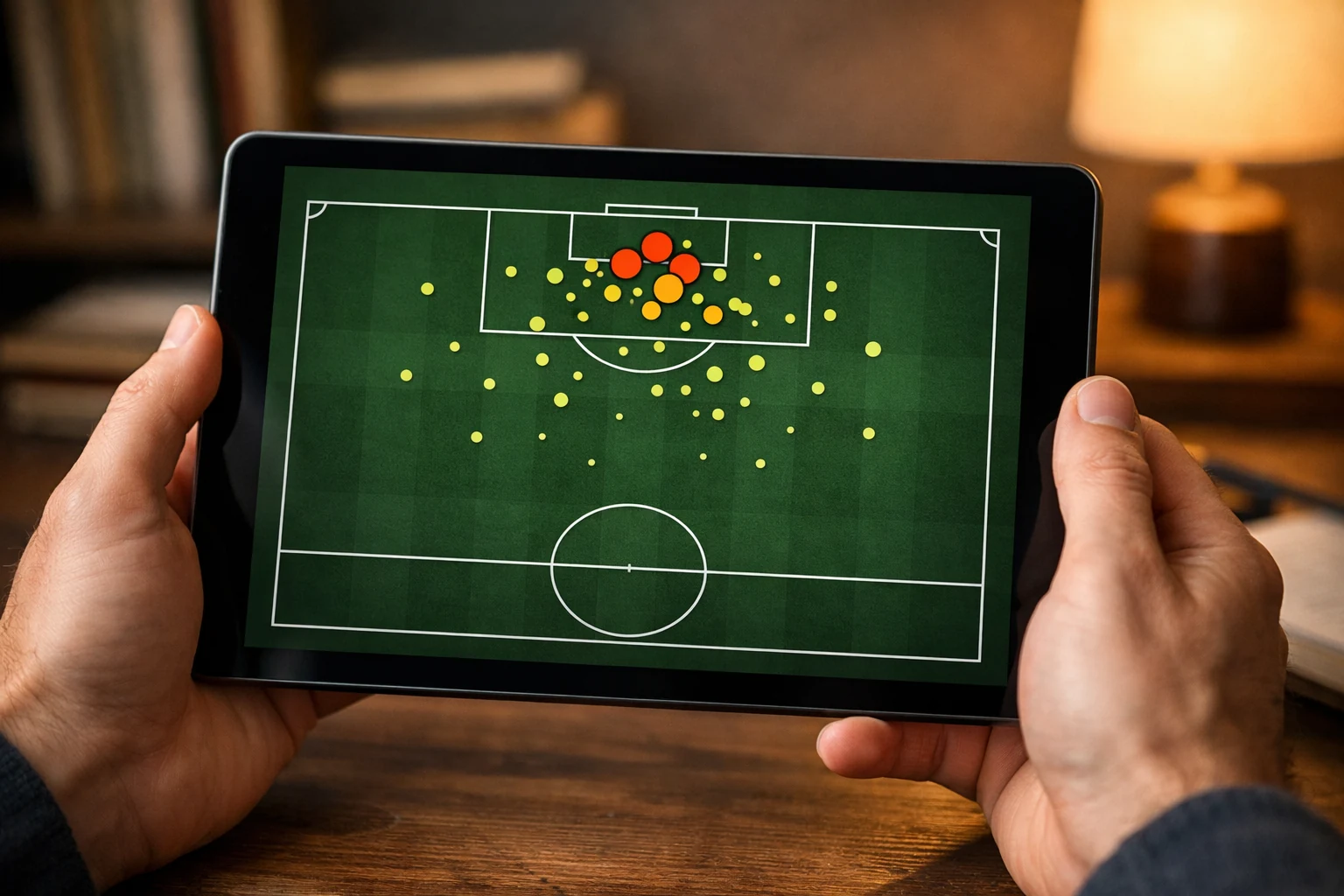 Tablet a mostrar visualização de um campo de futebol com localizações de remates e valores xG