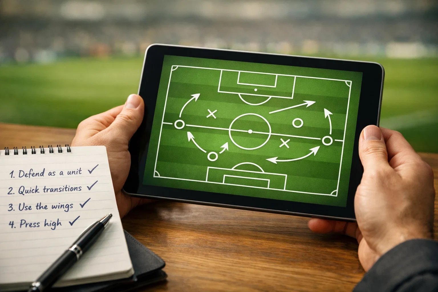 Análise tática fundamental de futebol com diagrama de campo e notas estratégicas