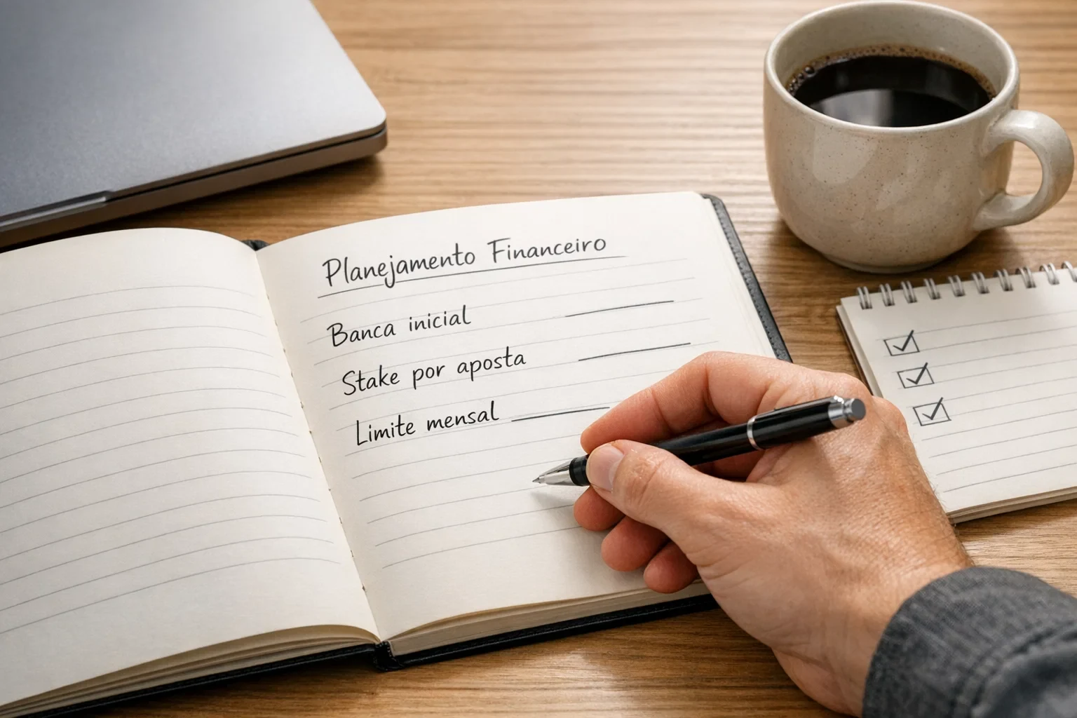 Mão a escrever planeamento de banca de apostas num caderno organizado