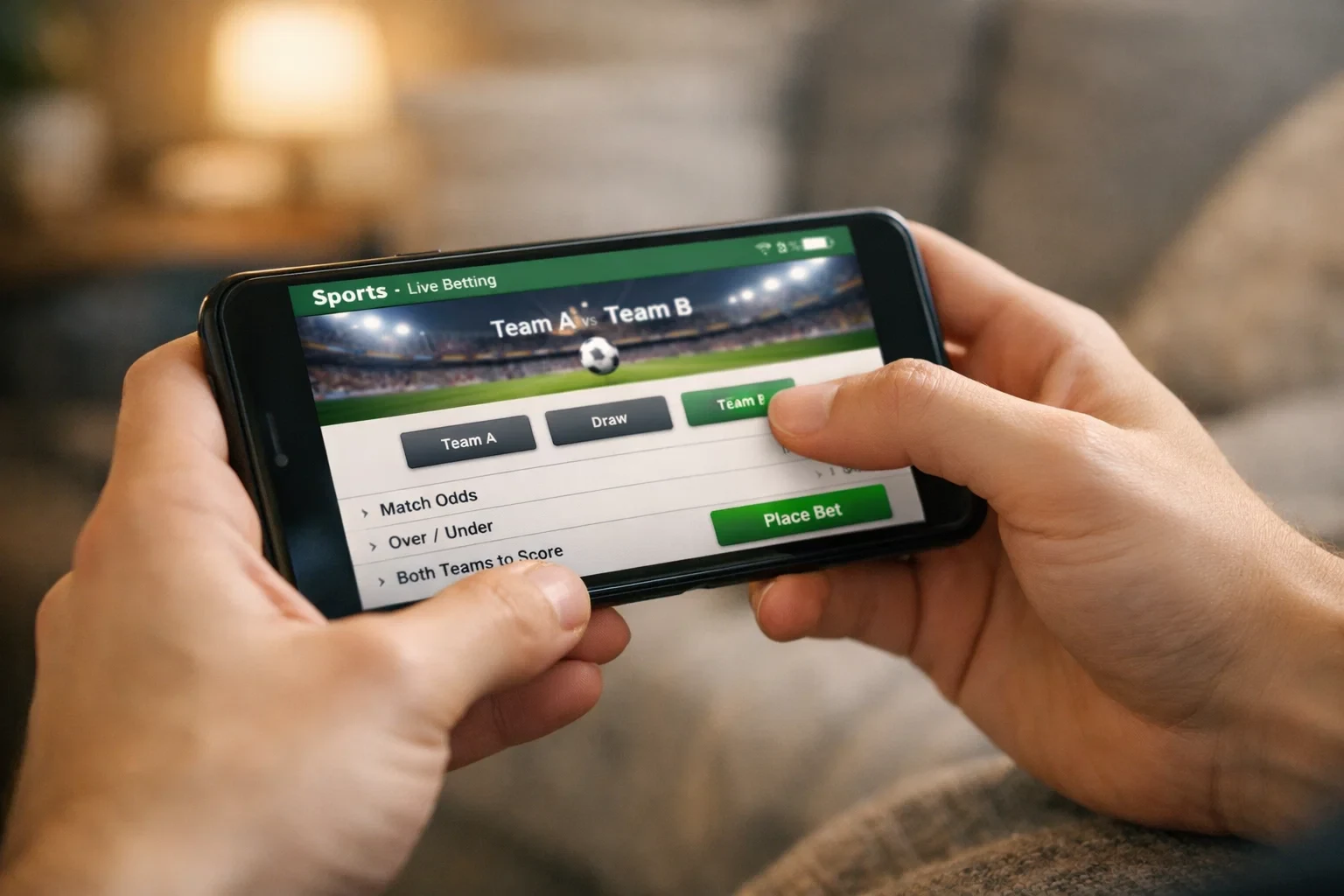 Mãos a segurar smartphone com aplicação de apostas desportivas pronta para fazer primeira aposta