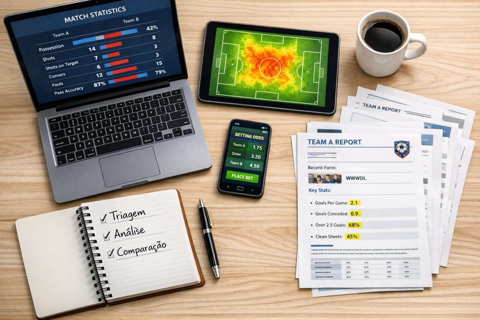 Vista superior de espaço de trabalho organizado com computador, tablet e caderno mostrando processo de análise