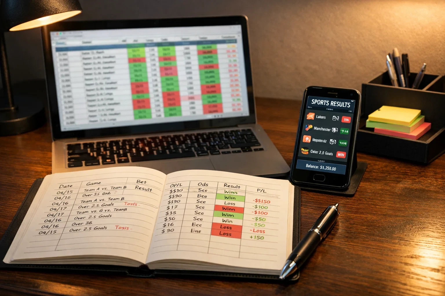 Espaco de trabalho com portatil e caderno mostrando registos detalhados de apostas